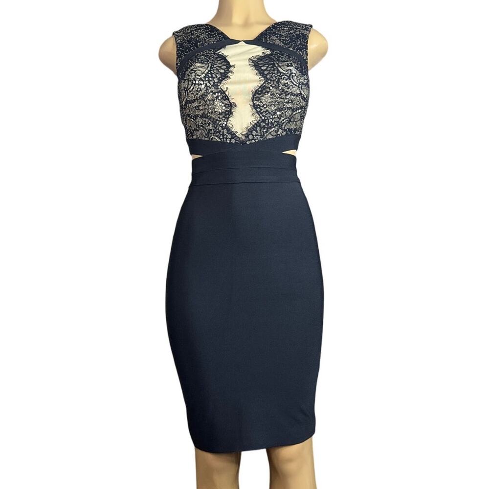 WOW Couture Black Eyelash Lace Side Cut Out Bandage Dress SZ Medium NWT